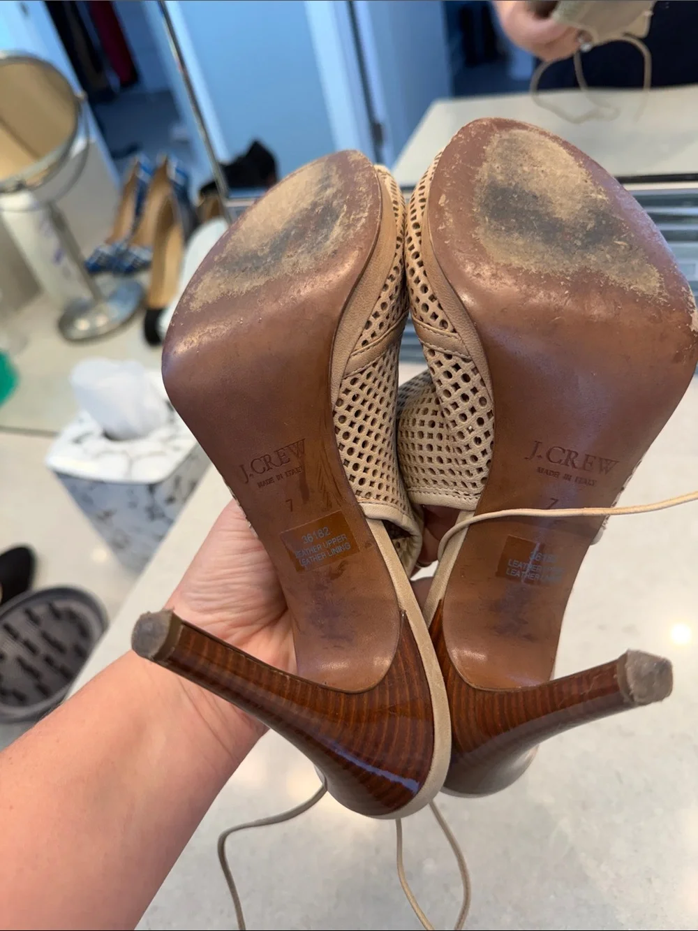 J. Crew Tan Perforated Peep-Toe Slingback Heels